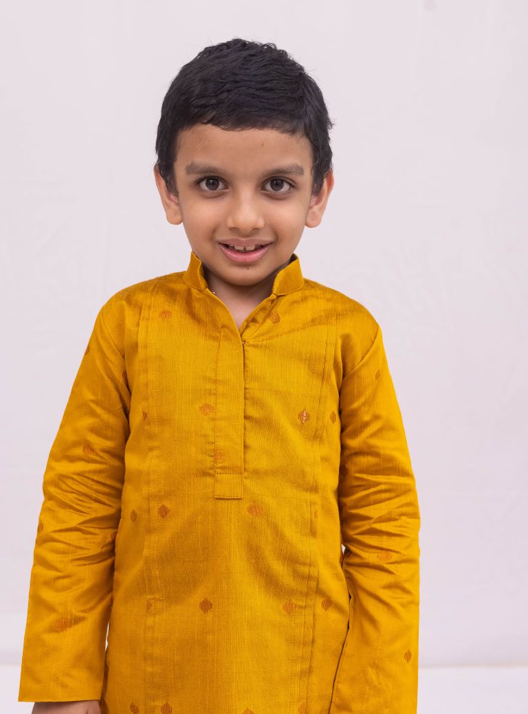 Mustard Yellow  Knife pleated raw silk stand collar kurta with jari buttas for Boys