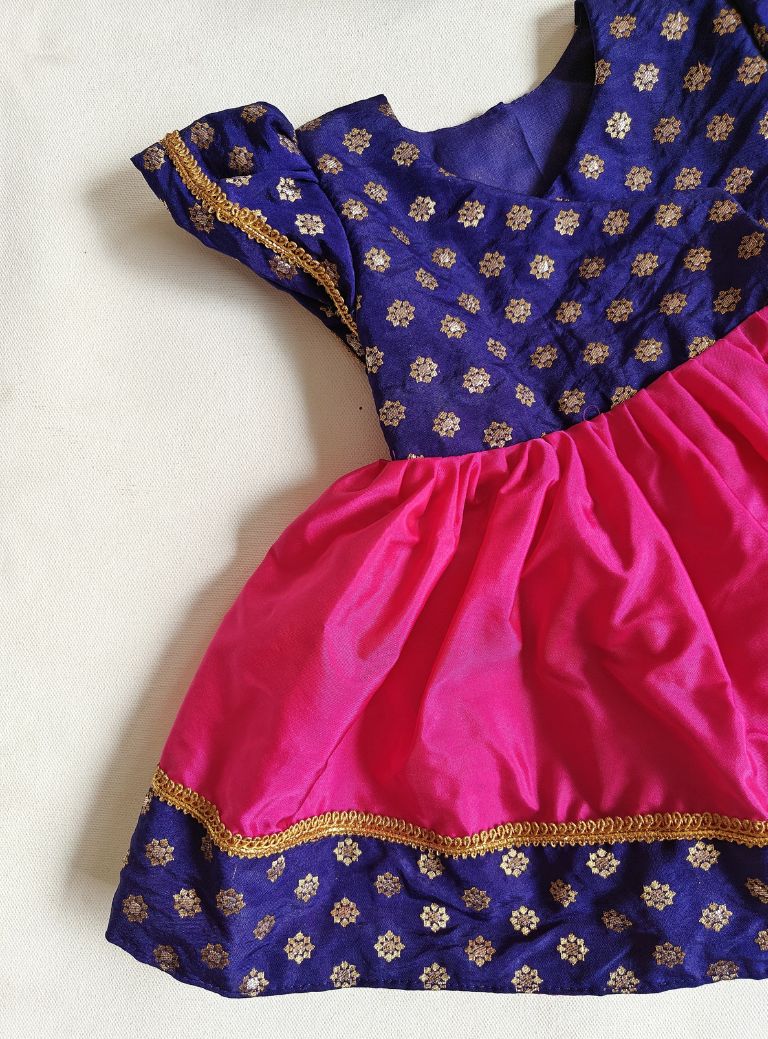 Ink Blue brocade silk bodice with Rani pink malai silk front open Newborn dress with wide brocade