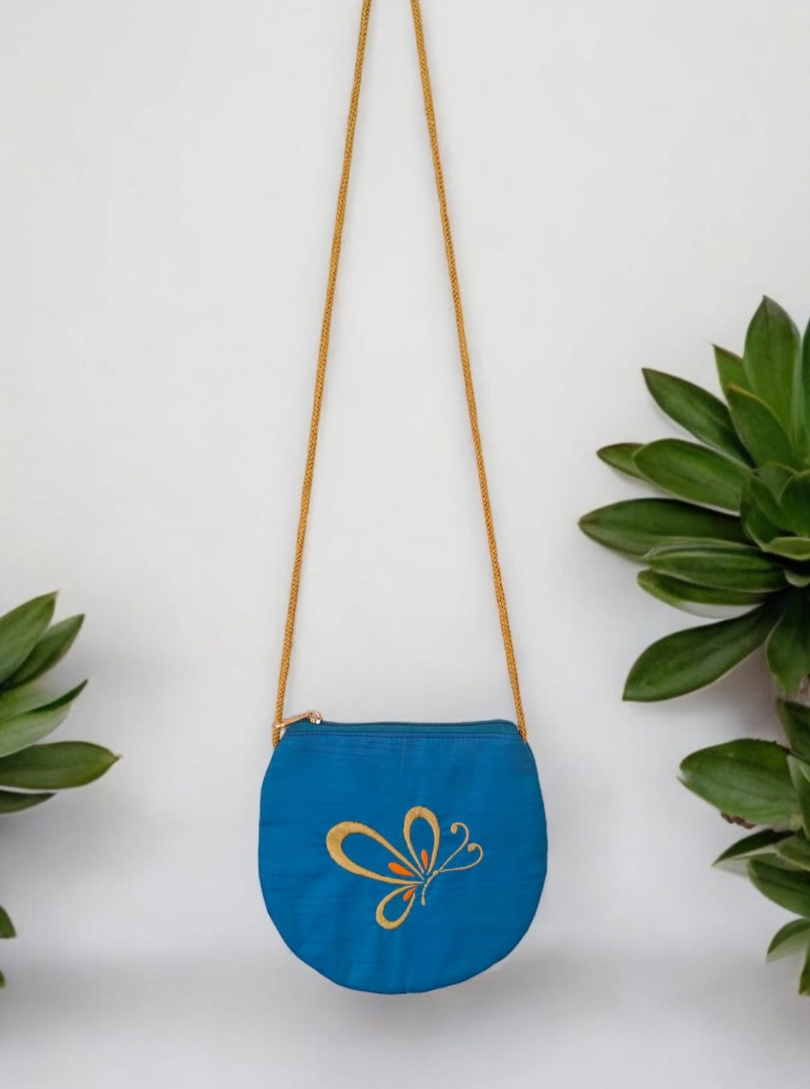 'Butterfly purse' a cute U shaped palm sized purse with a machine embroidered motif - Peacock Blue