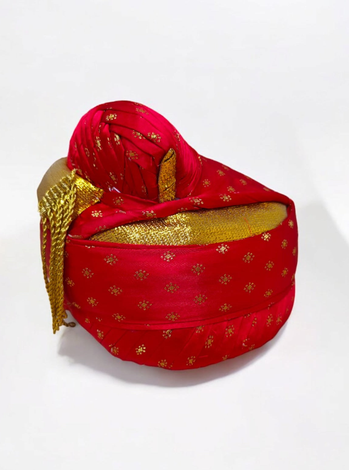 Brocade Golden Butta Red Puneri Pagadi for Batu Mundavalya,kanthi,bhikbali,topi,pagdi are boys accessories exclusively designed using Pearls,glass beads,jadau & gold plated findings for Batu,for Upanayan/Vratabandha/munj /thread ceremony.