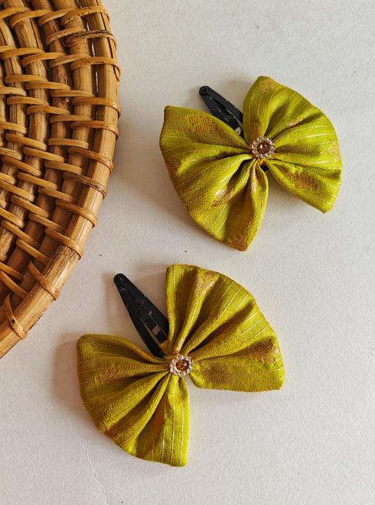 Lime GreenLime Green Set of two brocade fabric bow tic tac clips for Girls  Pair these clips with any partywear, Festive or even casual wear and get going.