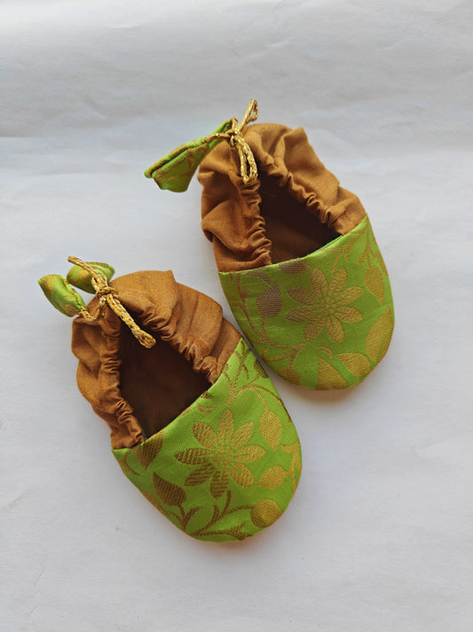 Parrot Green and Golden Brocade unisex booties for newborn baby