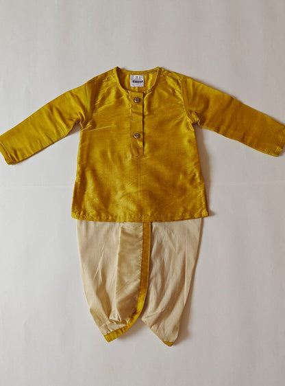 Olive Green cotton silk round neck kurta, Golden cotton silk dhoti with Tussar silk Jacket for Baby Boy.It's the perfect outfit for your baby's naming ceremony,naamkaran,annaprashan ceremony.Traditional dress for Noolukettu Ceremony,Pachavi Puja,cradle ceremony,Rice Ceremony,Chatti Puja etc. Apt gifting idea
