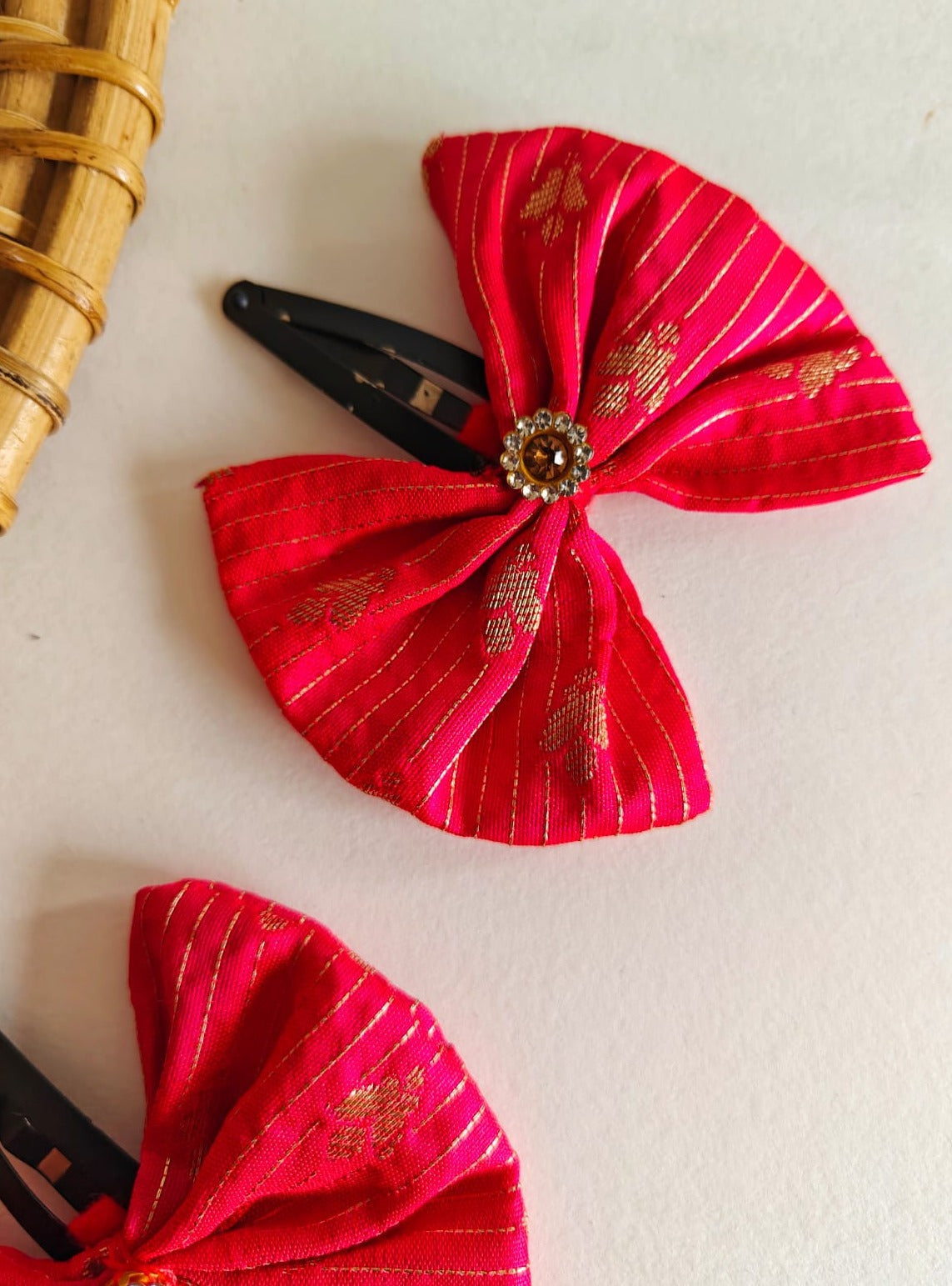 Fuchsia Pink Set of two brocade fabric bow tic tac clips for Girls  Pair these clips with any partywear, Festive or even casual wear and get going.