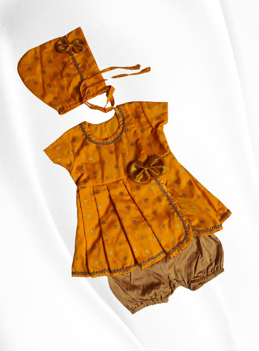 Yellow Brocade silk front open box pleated Newborn dress with a cute little bow detailing