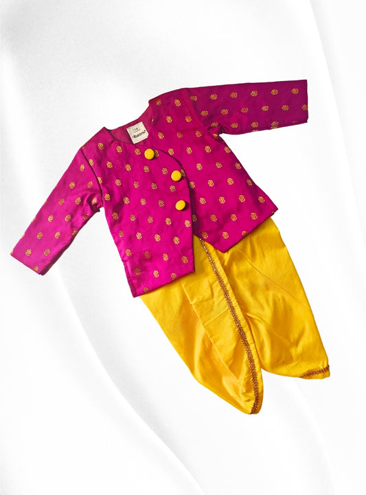 Purple brocade silk overlap kurta and Yellow cotton silk dhoti set for Newborn Baby Boy.It's the perfect outfit for your baby's naming ceremony,naamkaran,annaprashan ceremony.Traditional dress for Noolukettu Ceremony,Pachavi Puja,cradle ceremony,Rice Ceremony,Chatti Puja etc. Apt gifting idea.