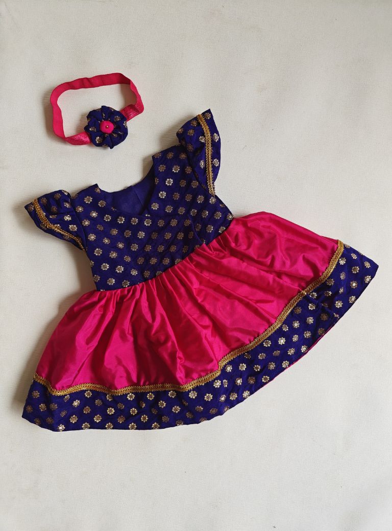 Ink Blue brocade silk bodice with Rani pink malai silk front open Newborn dress with wide brocade