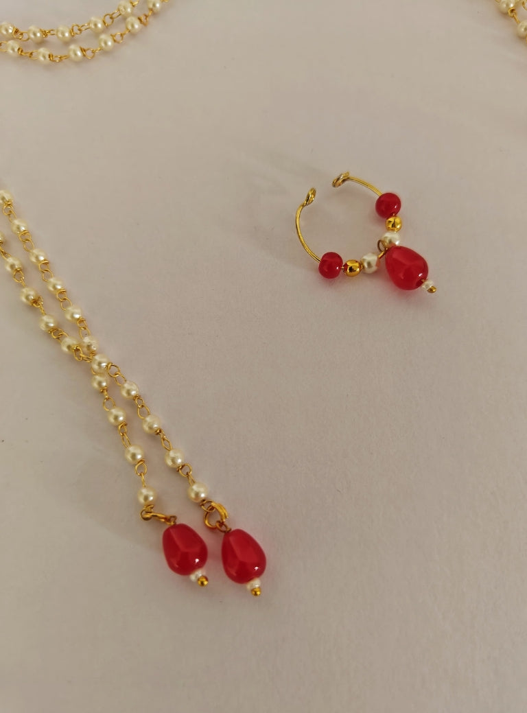 Pearls with Red glass beads Mundavali and bhikbali combo for batu/groom