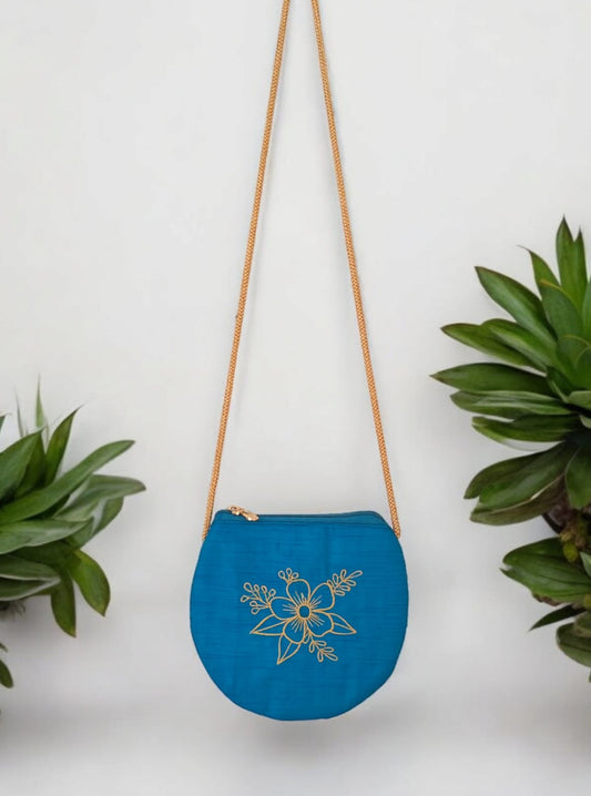 'Flower purse' a cute U shaped palm sized purse with a machine embroidered motif - Peacock Blue