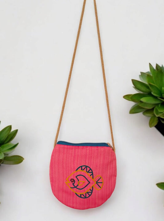 'Fish purse' a cute U shaped palm sized purse with a machine embroidered motif- Pink
