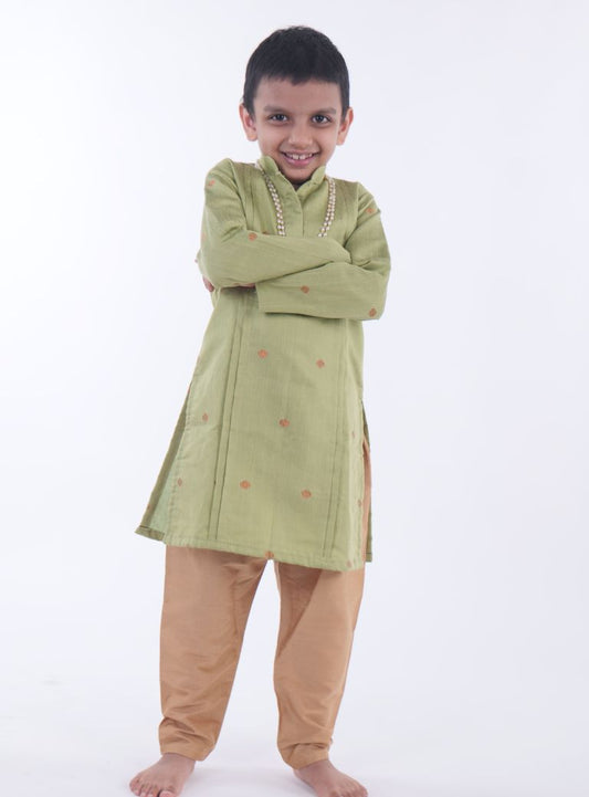 Pastel green Knife pleated raw silk stand collar kurta with jari buttas for Boys