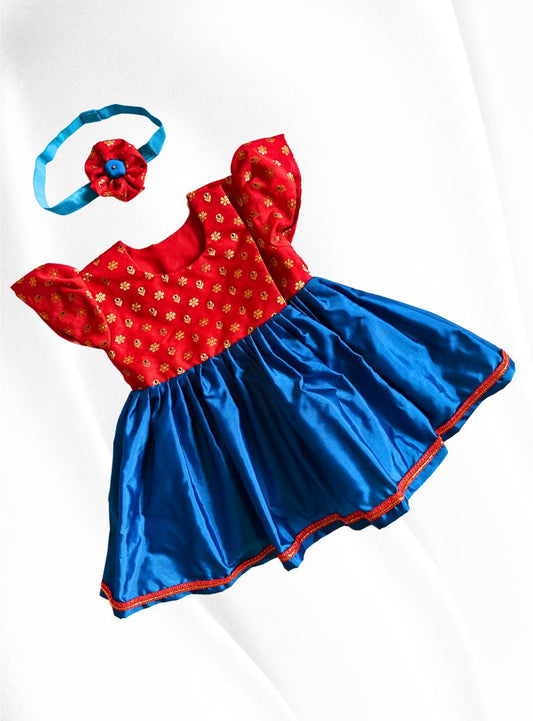 red brocade with blue silk front open newborn baby girl frock for naming ceremony with bonnet,bloomer & booties.It's the perfect outfit for your naamkaran or annaprashan ceremony.Traditional dress for Noolukettu Ceremony,Pachavi Puja,cradle ceremony,Rice Ceremony,Chatti Puja etc.Apt gifting idea 