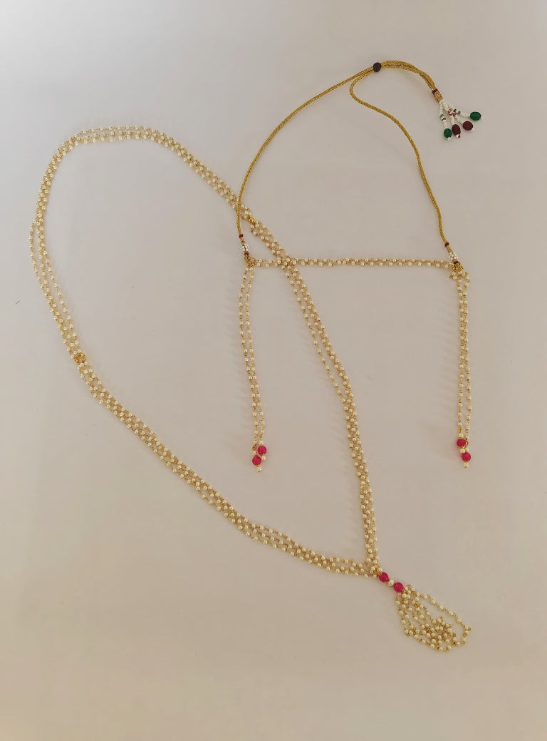 Pearls and pink glass beads Mundavali and Janave combo for Brahmavadini