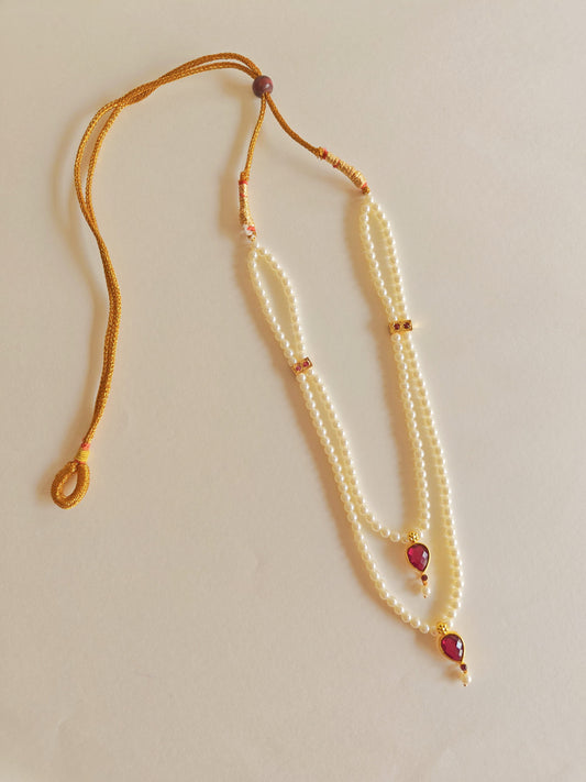 Semi-cultured double layer pearls necklace with Karwari Drop shaped Pink Stone Pendant for Girls