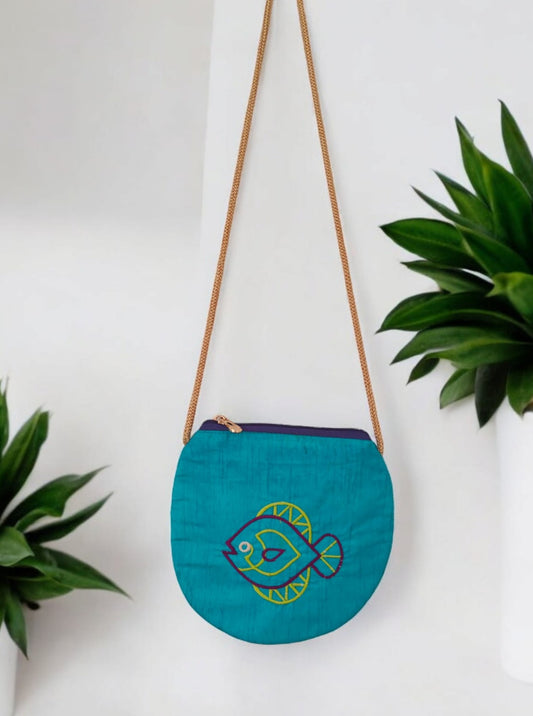 'Fish purse' a cute U shaped palm sized purse with a machine embroidered motif- Sky Blue