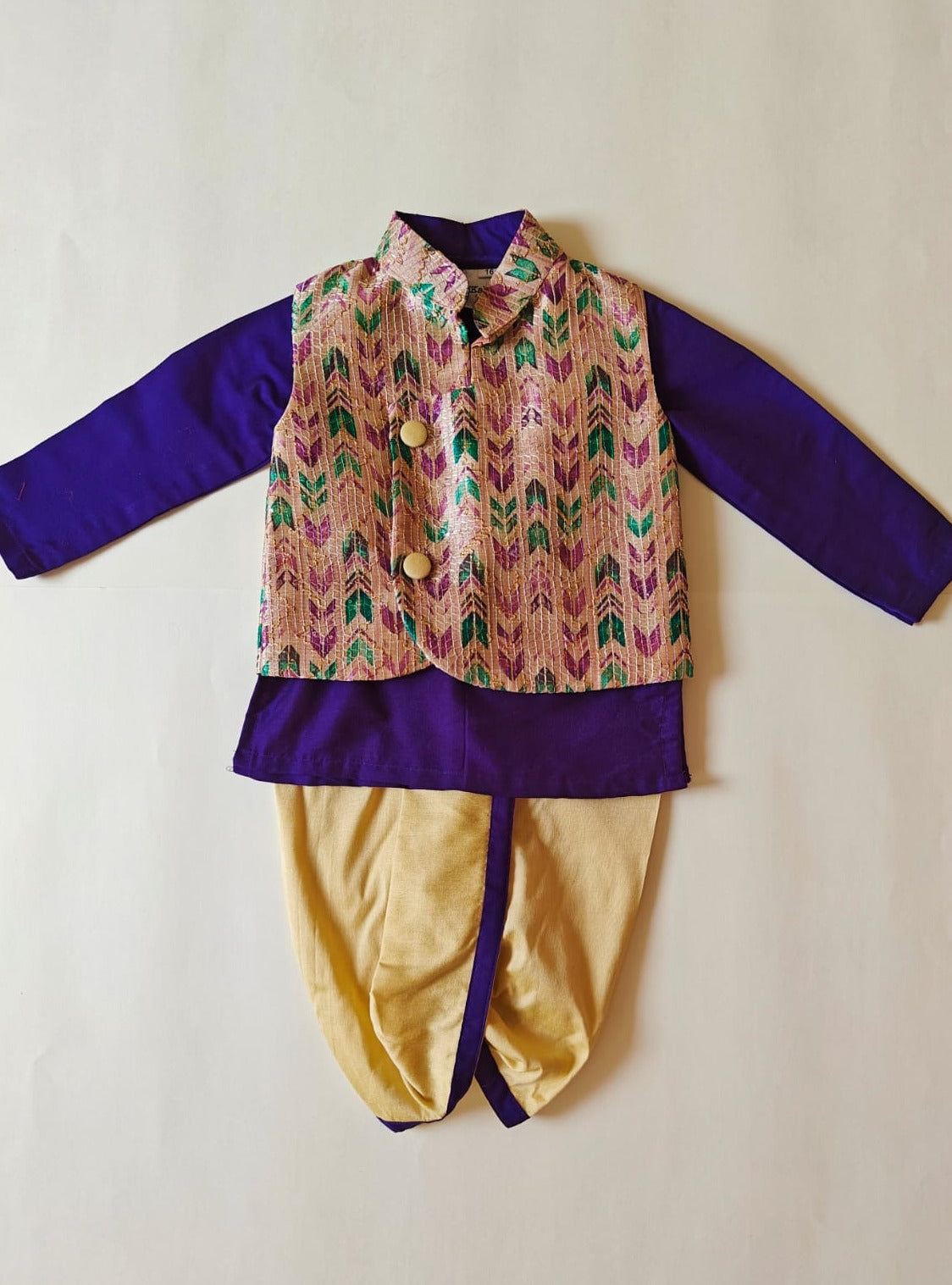 Purple cotton silk round neck kurta, Golden cotton silk dhoti with Tussar silk Jacket for Baby Boy.It's the perfect outfit for your baby's naming ceremony,naamkaran,annaprashan ceremony.Traditional dress for Noolukettu Ceremony,Pachavi Puja,cradle ceremony,Rice Ceremony,Chatti Puja etc. Apt gifting idea