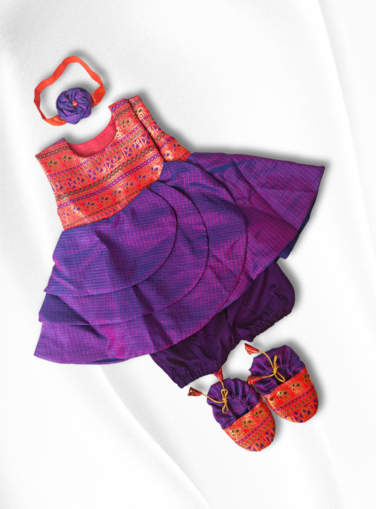 Arnaa Set - Orange banaras brocade with purple kotta silk front open layered dress set with coordinated bloomer,headband and booties for a newborn baby girl