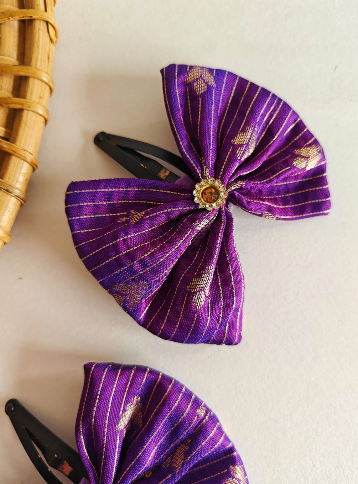 Purple Set of two brocade fabric bow tic tac clips for Girls  Pair these clips with any partywear, Festive or even casual wear and get going.