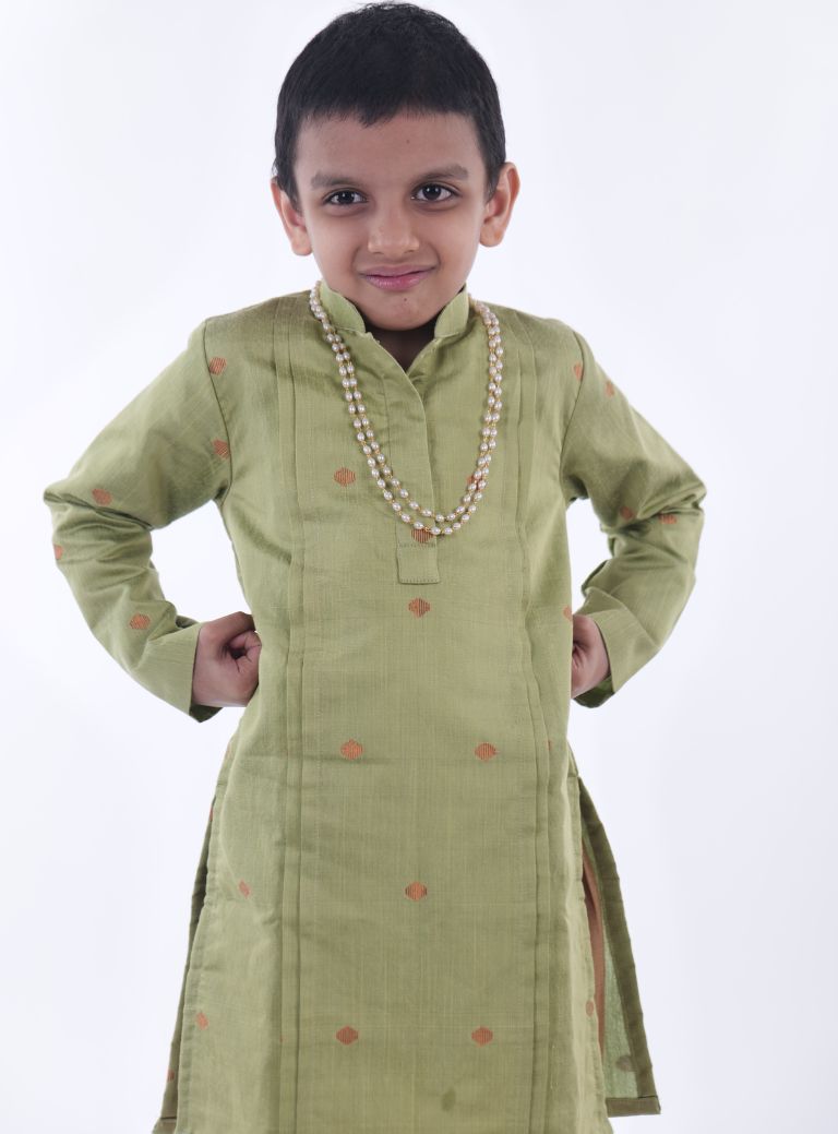 Pastel green Knife pleated raw silk stand collar kurta with jari buttas for Boys