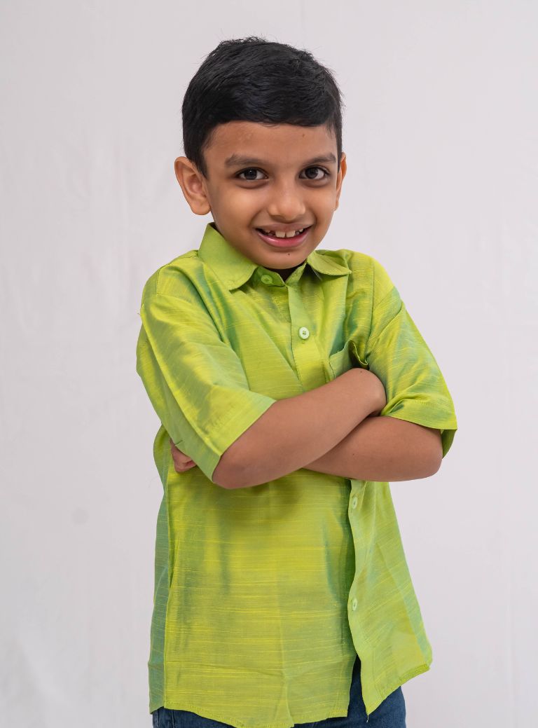 Parrot Green Plain Raw silk half sleeved shirt for Boys