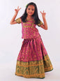 Pink and Dark Green woven banarasi jacquard brocade Pattu Pavada Parkar Polka set with a heavy yoke pattern for Girls