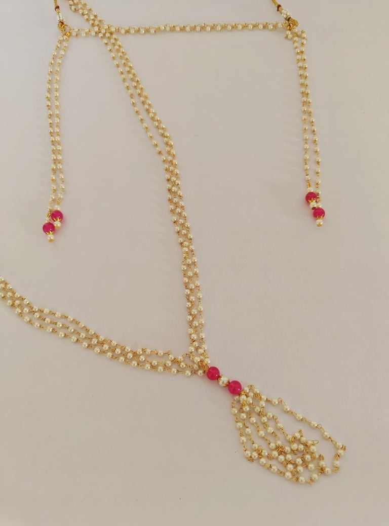 Pearls and pink glass beads Mundavali and Janave combo for Brahmavadini