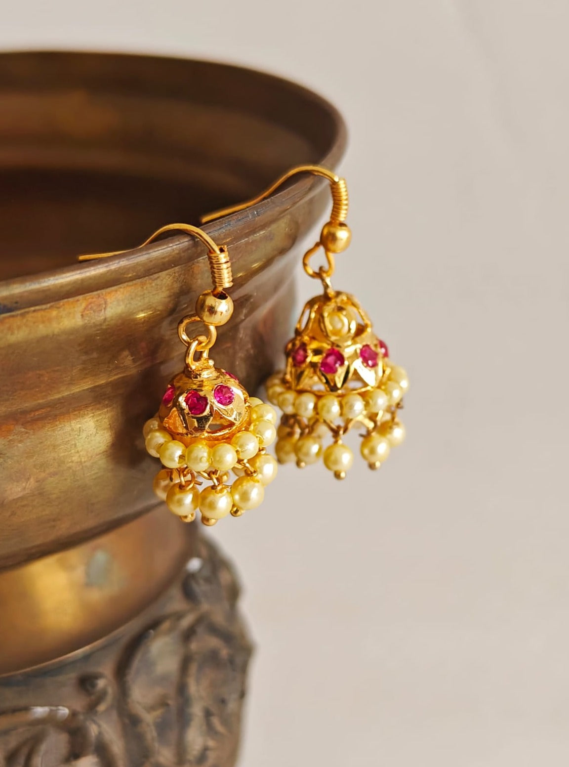 Pearls Jhumka - big size. Gold plated copper and silver alloy, make these jhumkas stay shiny as new for years. A must have piece of jewellery for a little girl. Adorn your princess with head to toe premium quality handcrafted accessories made from allergy free, best quality materials.