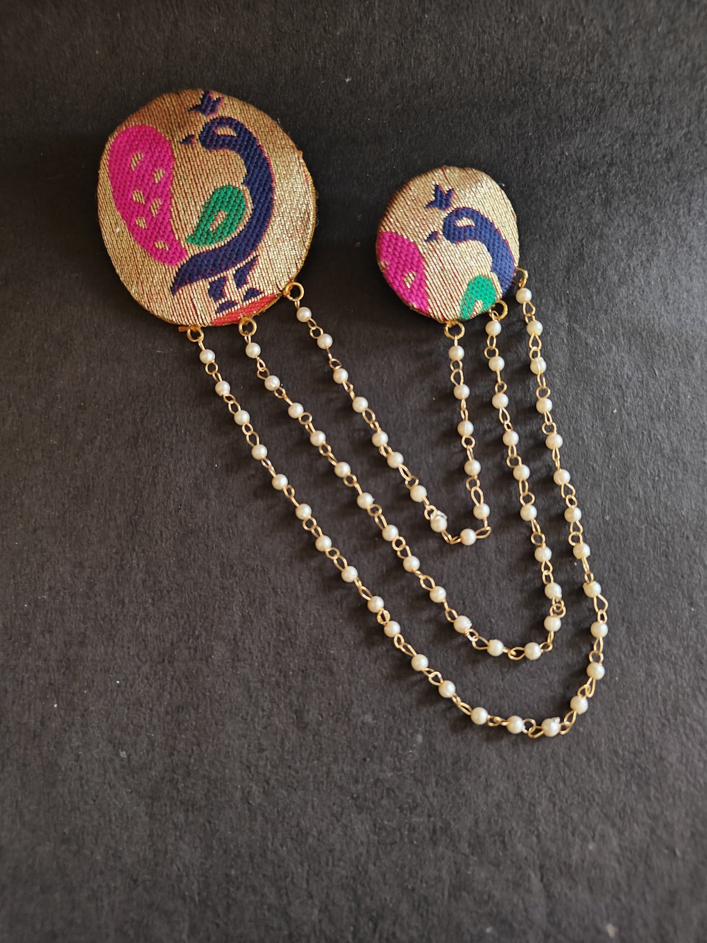 Handcrafted Peacock Paithani Double Brooch embellished with triple layered pearls strings for Boys