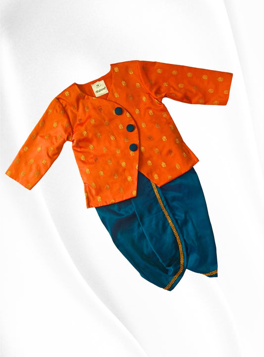 Orange brocade silk overlap kurta and teal blue cotton silk dhoti set for Newborn Baby Boy.It's the perfect outfit for your baby's naming ceremony,naamkaran,annaprashan ceremony.Traditional dress for Noolukettu Ceremony,Pachavi Puja,cradle ceremony,Rice Ceremony,Chatti Puja etc. Apt gifting idea.