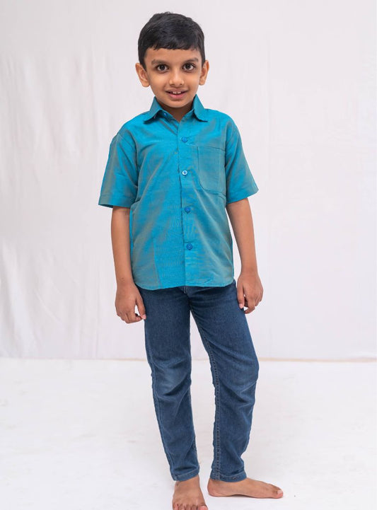 Teal Blue Plain Raw silk half sleeved shirt for Boys