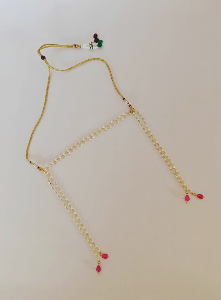 Pearls and pink glass beads Mundavali and Janave combo for Brahmavadini