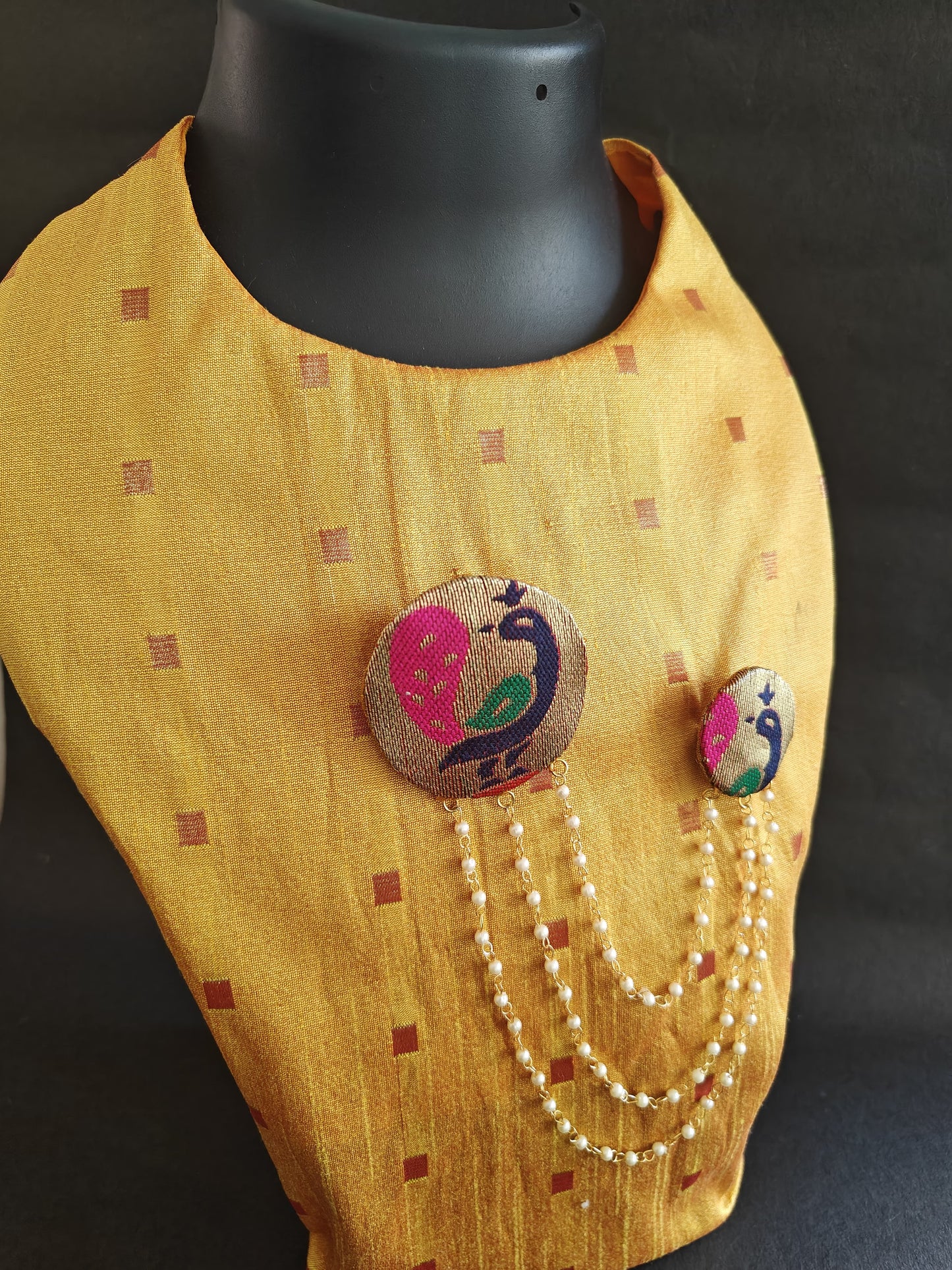 Handcrafted Peacock Paithani Double Brooch embellished with triple layered pearls strings for Boys