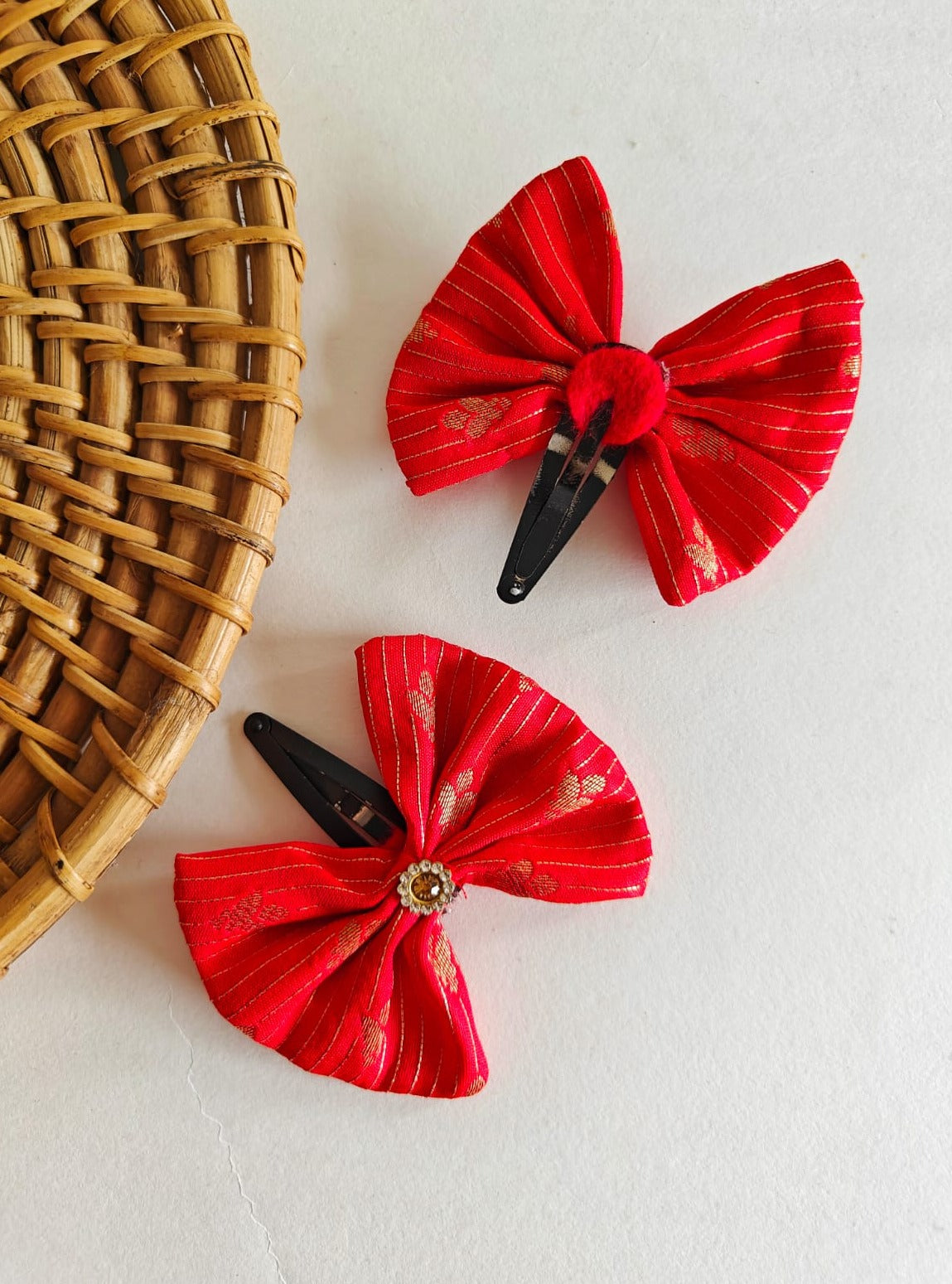 Red Set of two brocade fabric bow tic tac clips for Girls  Pair these clips with any partywear, Festive or even casual wear and get going.