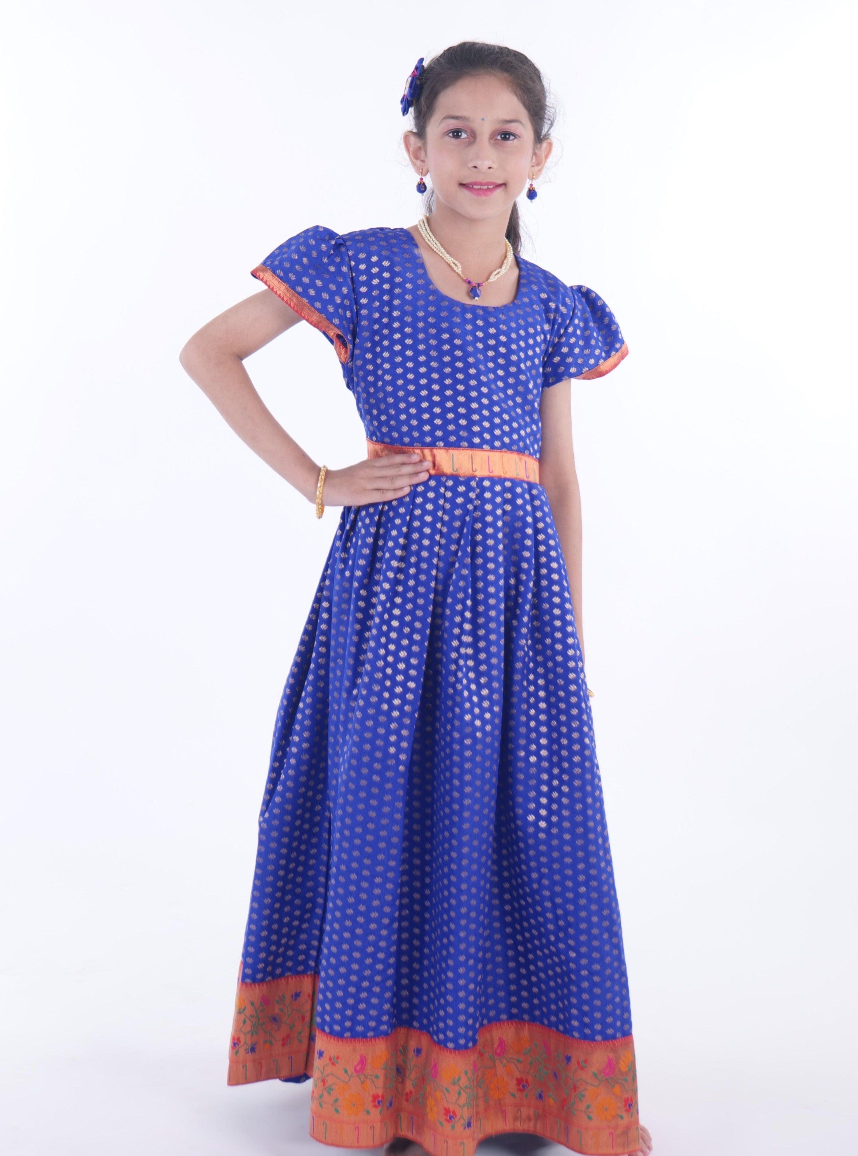 Royal Blue chanderi brocade puff sleeves gown with bright pink paithan –  Soyara Ethnics Studio