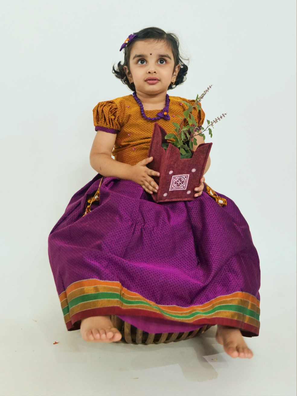 Magenta Khunn Dress with Contrast Turmeric Yellow hand embroidered blouse with cute puff sleeves for Girls