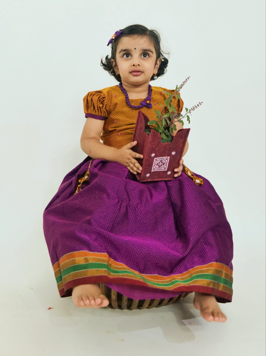 Magenta Khunn Dress with Contrast Turmeric Yellow hand embroidered blouse with cute puff sleeves for Girls