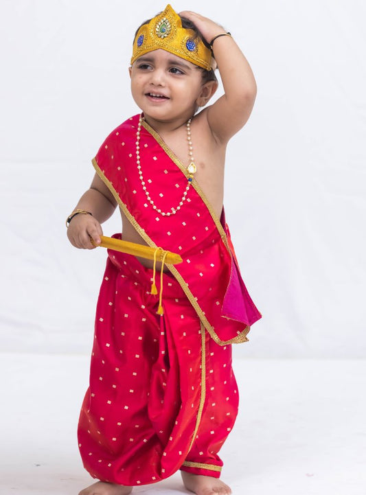 Scarlet Red satin taffeta kanha dhoti set for little Krishna's Janmashtami celebration