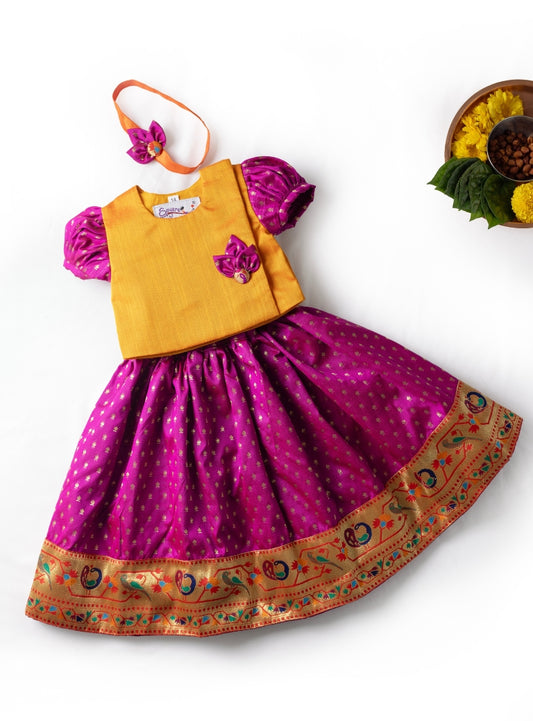 Nandini Set - Magenta Brocade silk Paithani border Ghagra with front open Yellow slub silk choli with puff sleeves for New born baby girl