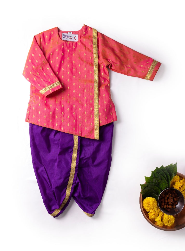 Blush pink brocade asymmetric kurta teamed with purple mysore silk dhoti for Newborn Baby Boy