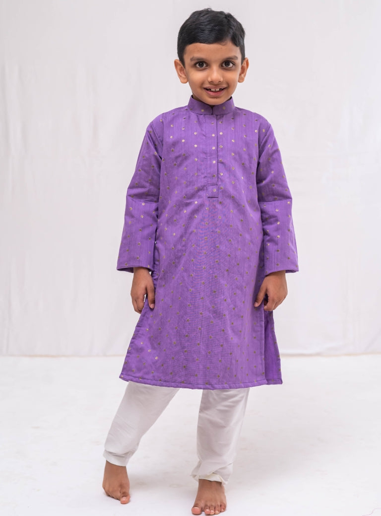 Lovendor pine silk with golden jari butta stand collar kurta with white cotton silk salwar set for Boys