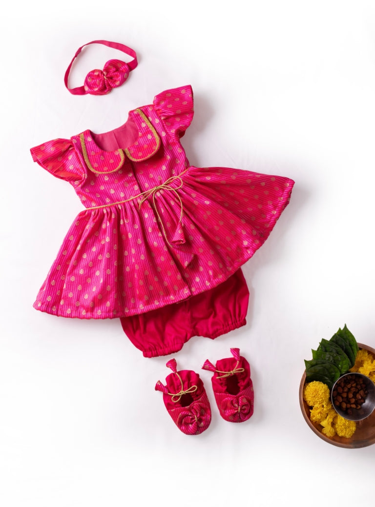 Mohini set - Hot pink brocade silk front open dress with Peter pan collar comes with coordinated headband ,booties with  bloomers  for new born baby girl.
