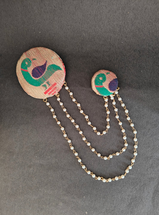 Handcrafted Parrot Paithani Double Brooch embellished with triple layered pearls strings for Boys