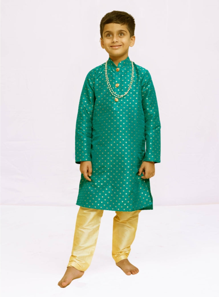 Emerald green brocade silk stand collar kurta with a cotton silk salwar set