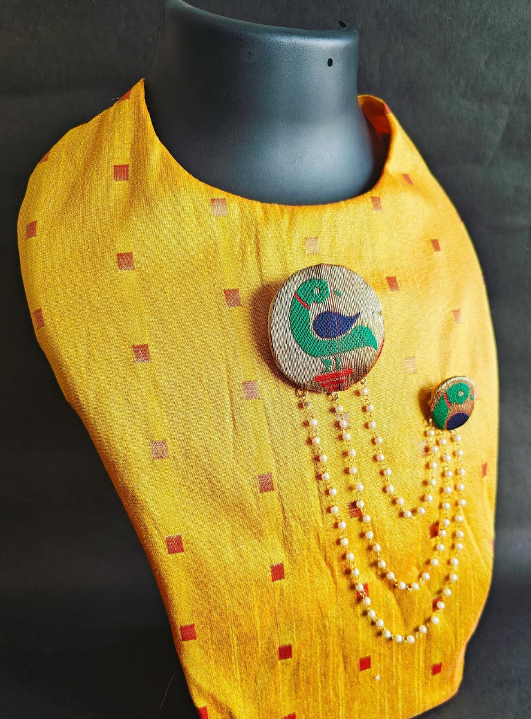 Handcrafted Parrot Paithani Double Brooch embellished with triple layered pearls strings for Boys