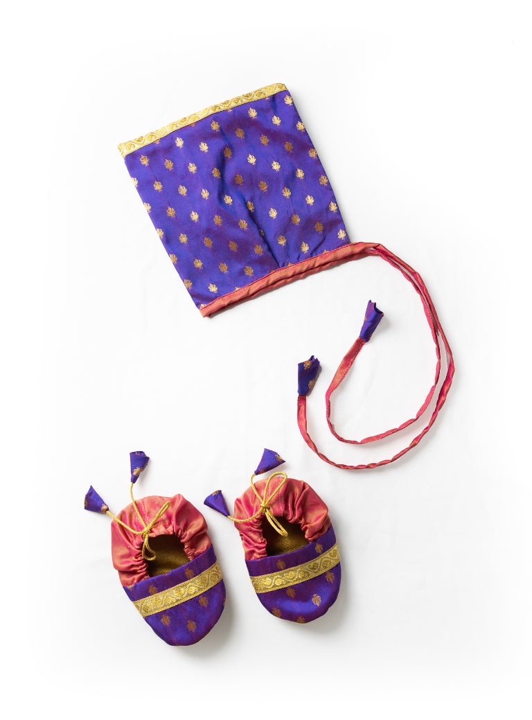 Tanay Set of Accessories - Purple adjustable booties with golden lace and coordinated bonnet combo for Newborn Baby Boy