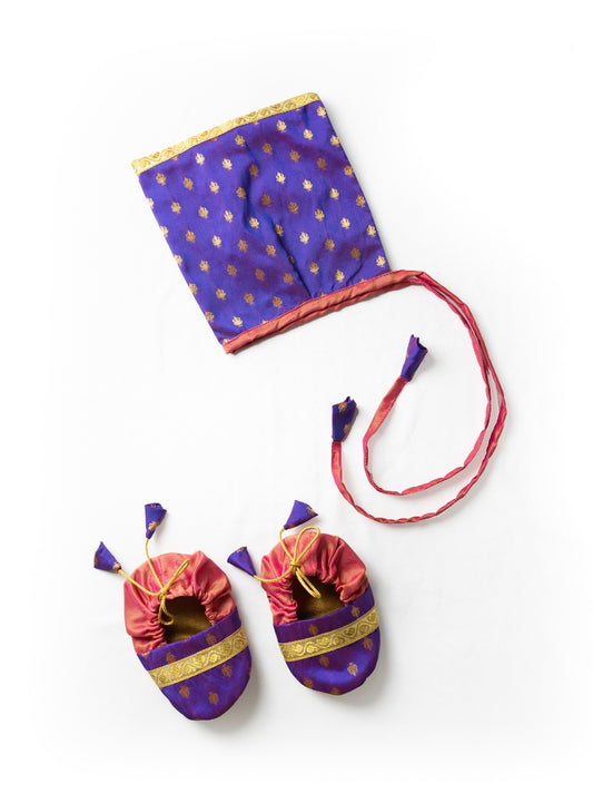 Tanay Set of Accessories - Purple adjustable booties with golden lace and coordinated bonnet combo for Newborn Baby Boy