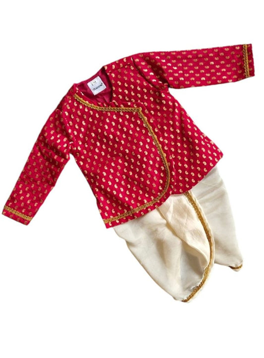 Dark Red brocade silk kurta with satin silk dhoti for baby boy , ideal for naming ceremony