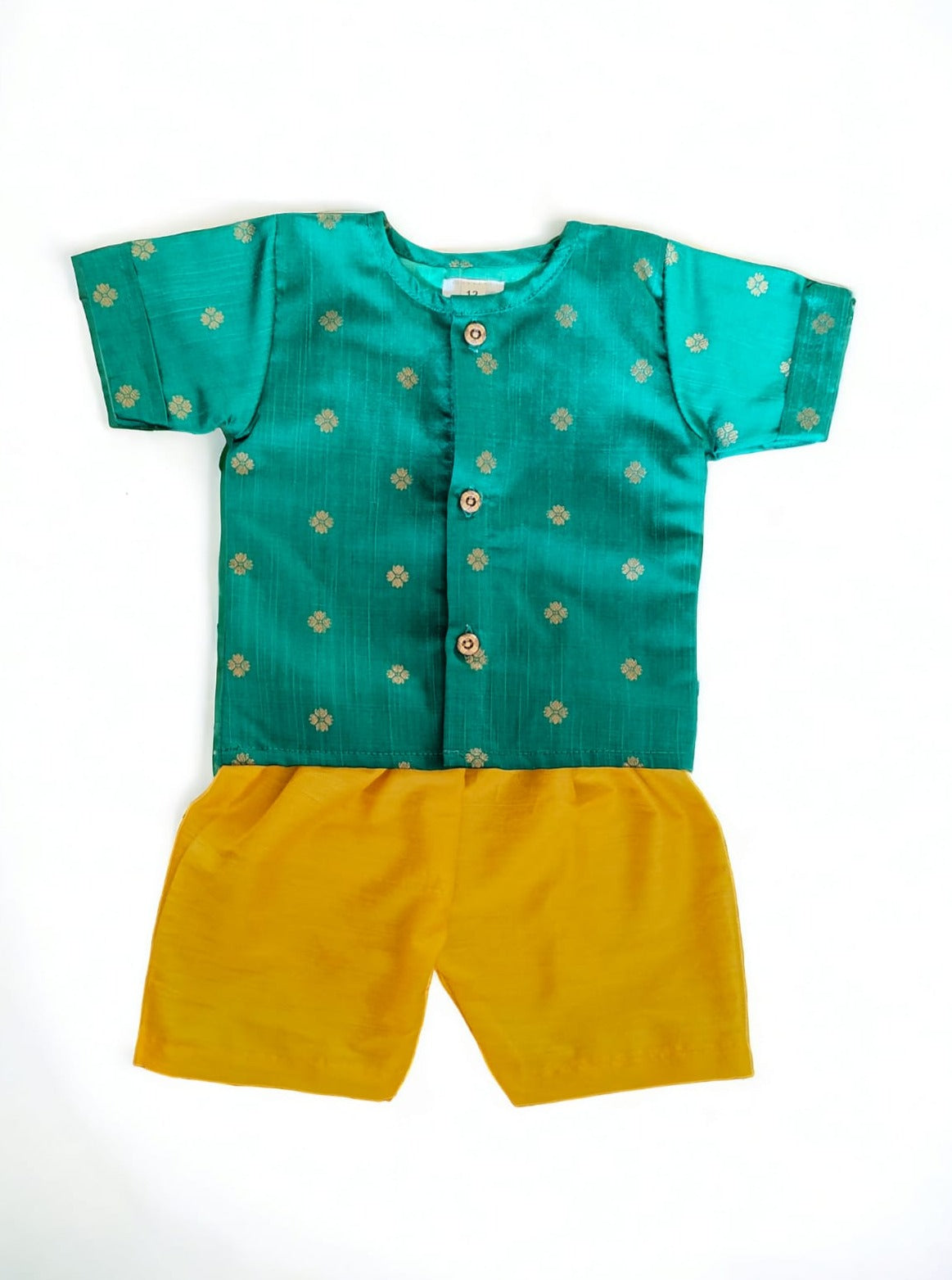 Emerald green and yellow raw silk Baba suit for newborn Baby Boy ideal for naming ceremony