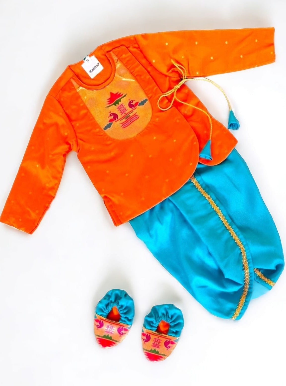 Rajas Set - Orange brocade Angarakha kurta with intricate Peacock Paithani yoke teamed with contrast teal blue dhoti for newborn baby boy.