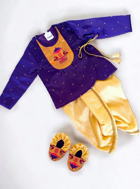 Purple brocade Angrakha kurta with Peacock Paithani yoke teamed with contrast golden dhoti for newborn baby boy.It's the perfect outfit for your baby's naming ceremony,naamkaran,annaprashan ceremony.Traditional dress for Noolukettu Ceremony,Pachavi Puja,cradle ceremony,Rice Ceremony,Chatti Puja etc. Apt gifting idea